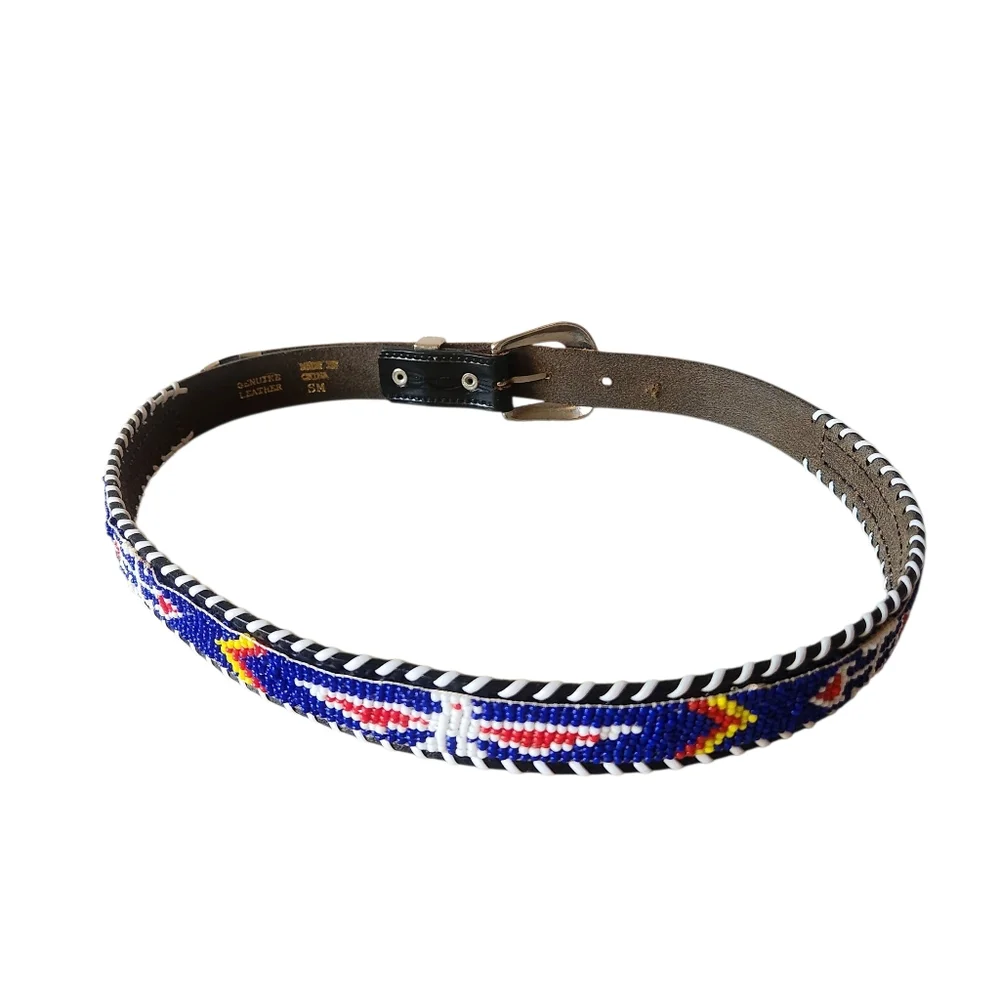 Beaded Leather Belt with Silver Buckle Small Thunderbird